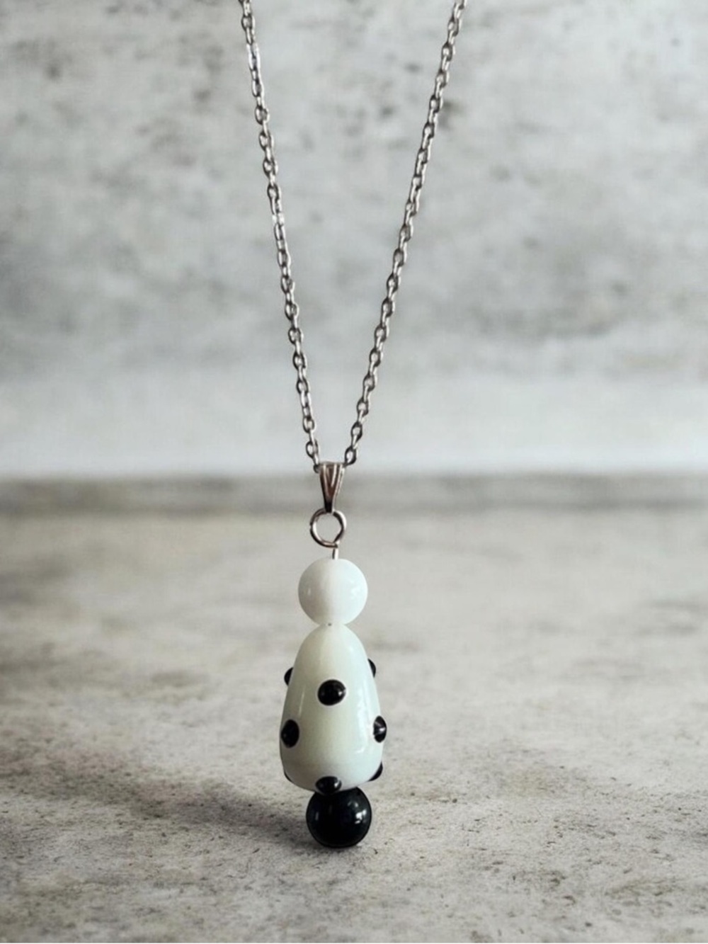Black White Polka Dot Glass Pendant Necklace Artisan Minimalist Quirky Jewelry